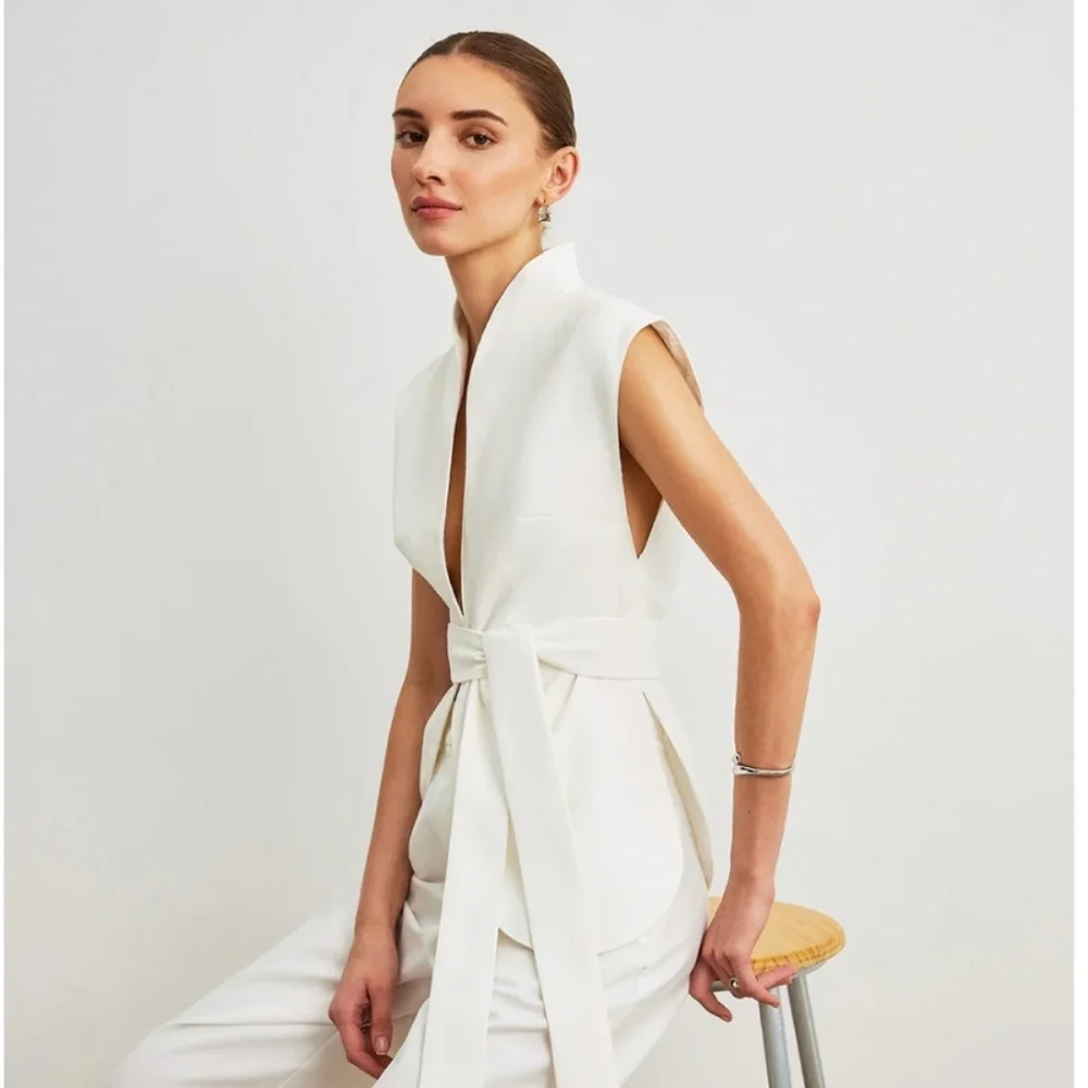 NWT Commense White Sleeveless Vest Top Blouse Tie Waist Belted Xs Old Money - Picture 3 of 10